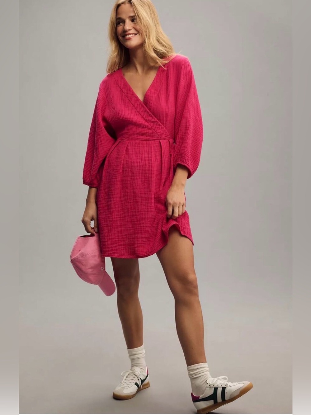 Nation Ltd Hedy Long-Sleeve Gauze Wrap Mini Dress In Hot Pink - NWT